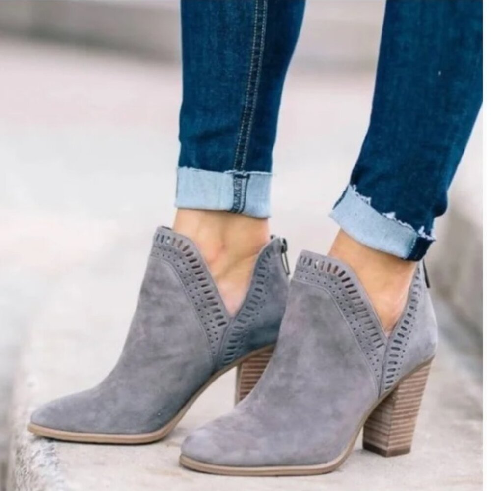 VINCE CAMUTO Francia Granite Peak Gray Suede Ankle Booties